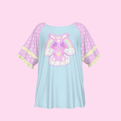 Wishing Bunny Blue Round Neck Raglan Sleeve Ruffle Frill T-Shirt