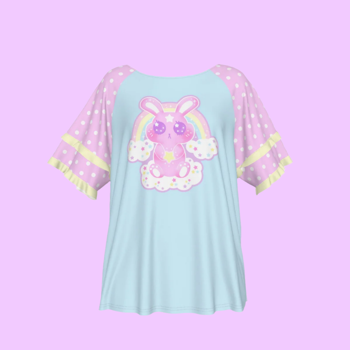 Wishing Bunny Blue Round Neck Raglan Sleeve Ruffle Frill T-Shirt