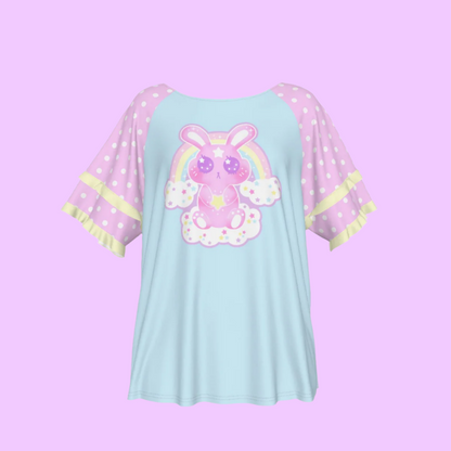 Wishing Bunny Blue Round Neck Raglan Sleeve Ruffle Frill T-Shirt