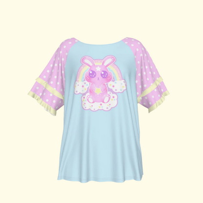 Wishing Bunny Blue Round Neck Raglan Sleeve Ruffle Frill T-Shirt