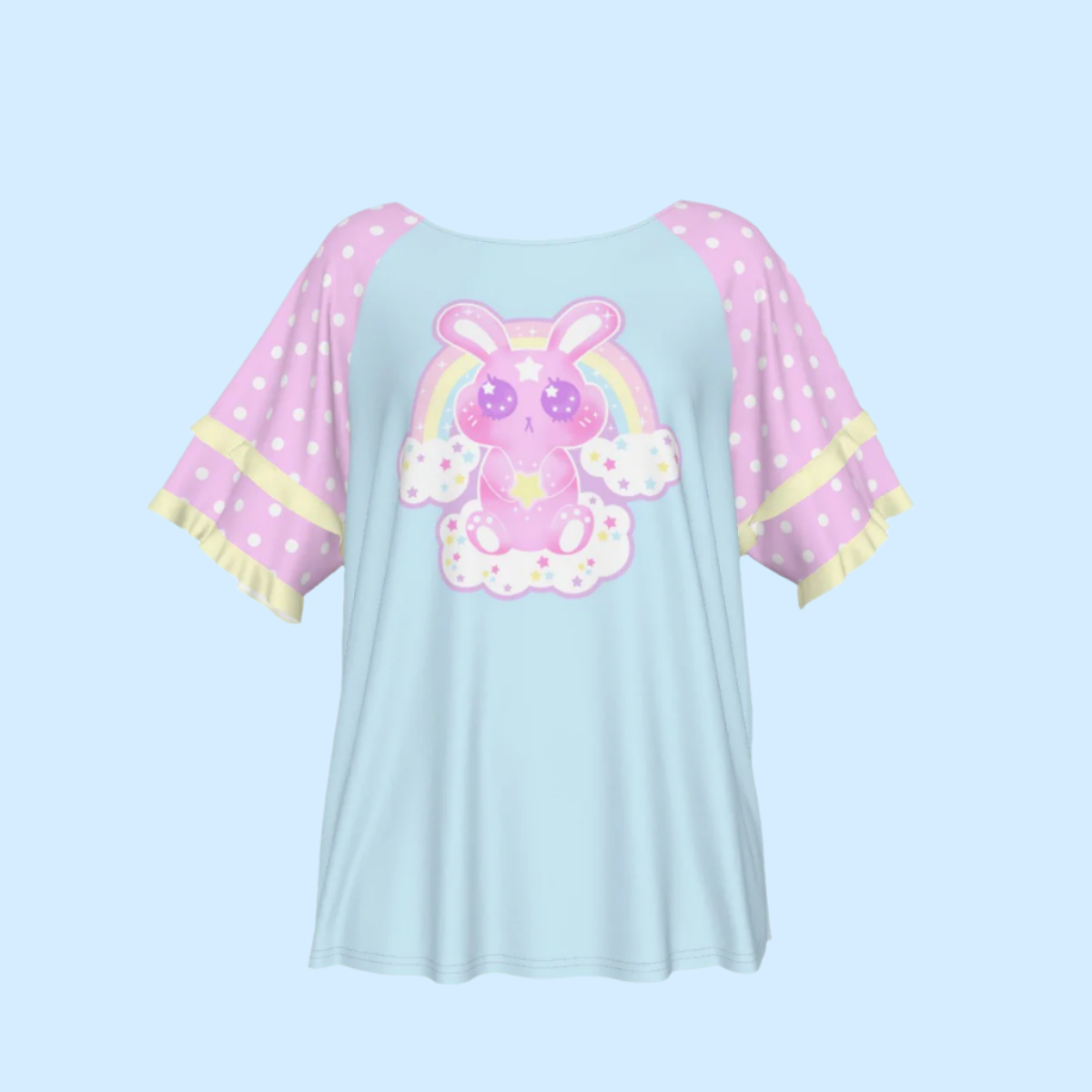 Wishing Bunny Blue Round Neck Raglan Sleeve Ruffle Frill T-Shirt