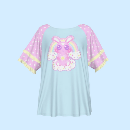 Wishing Bunny Blue Round Neck Raglan Sleeve Ruffle Frill T-Shirt