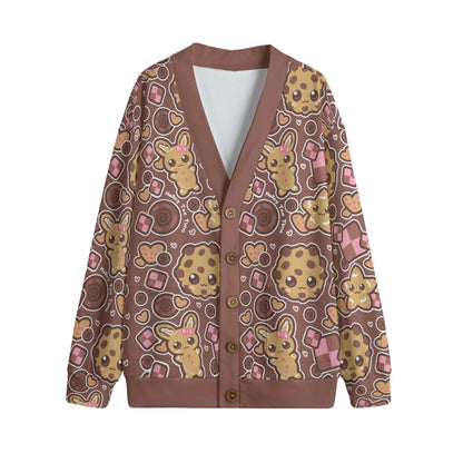 Kawaii Cookies Unisex V-Neck Knitted Fleece Button Up Cardigan With Pockets