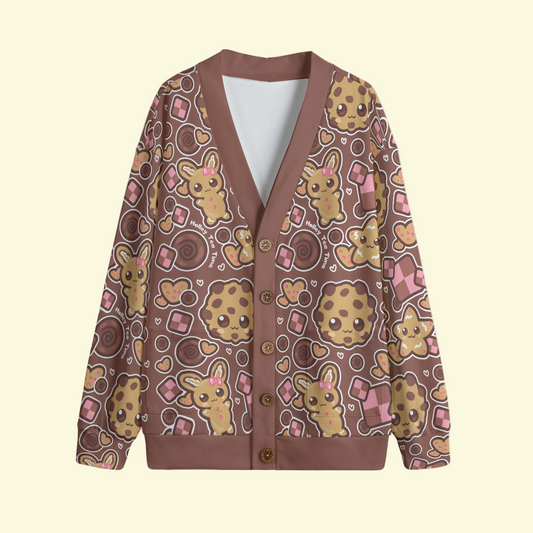 Kawaii Cookies Unisex V-Neck Knitted Fleece Button Up Cardigan With Pockets