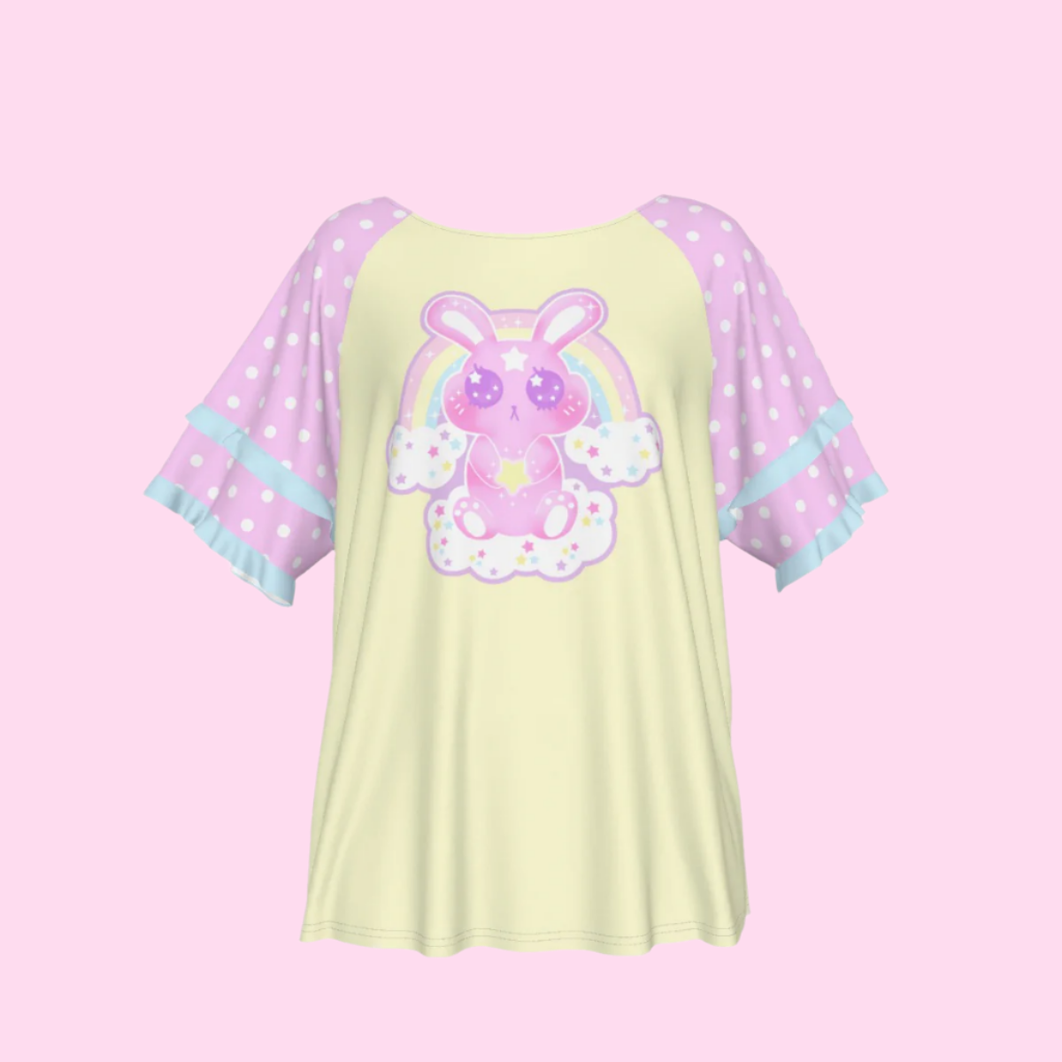 Wishing Bunny Yellow Round Neck Raglan Sleeve Ruffle Frill T-Shirt