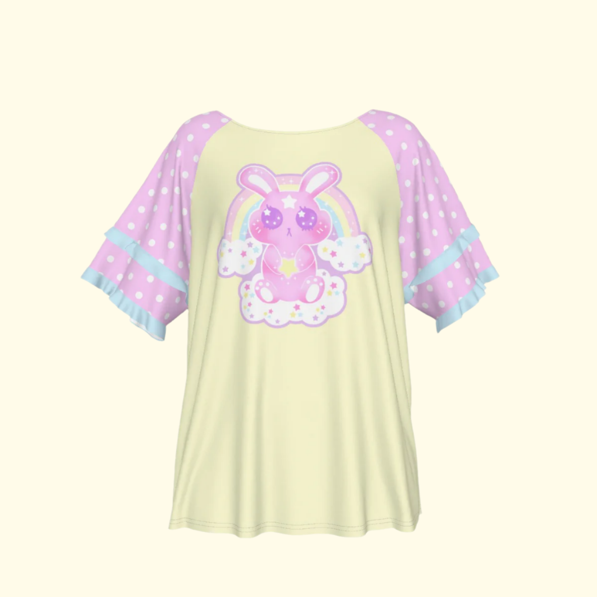 Wishing Bunny Yellow Round Neck Raglan Sleeve Ruffle Frill T-Shirt