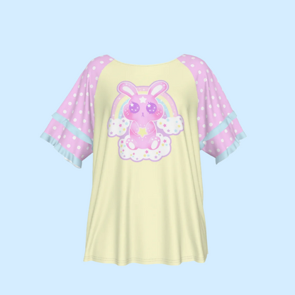 Wishing Bunny Yellow Round Neck Raglan Sleeve Ruffle Frill T-Shirt