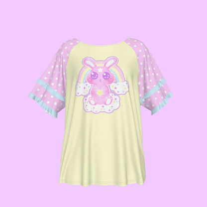 Wishing Bunny Yellow Round Neck Raglan Sleeve Ruffle Frill T-Shirt