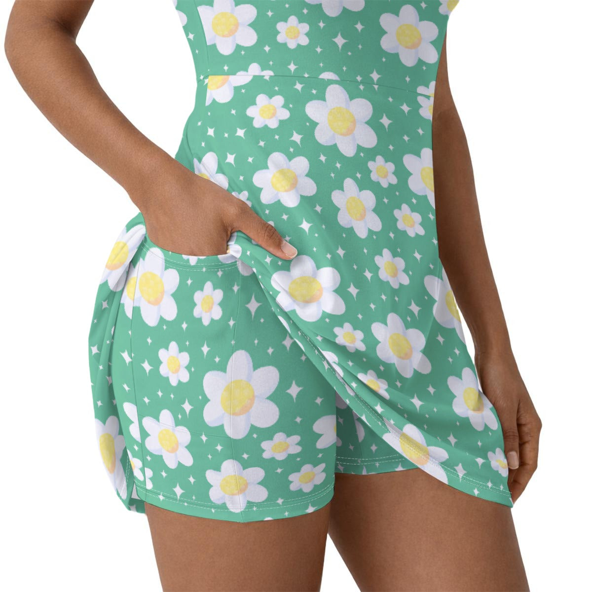 Daisy Dreams Sporty Women’s Square Neck Cap Sleeve Athletic Exercise Mini Dress With Shorts (Lucky Clover Shamrock Green)