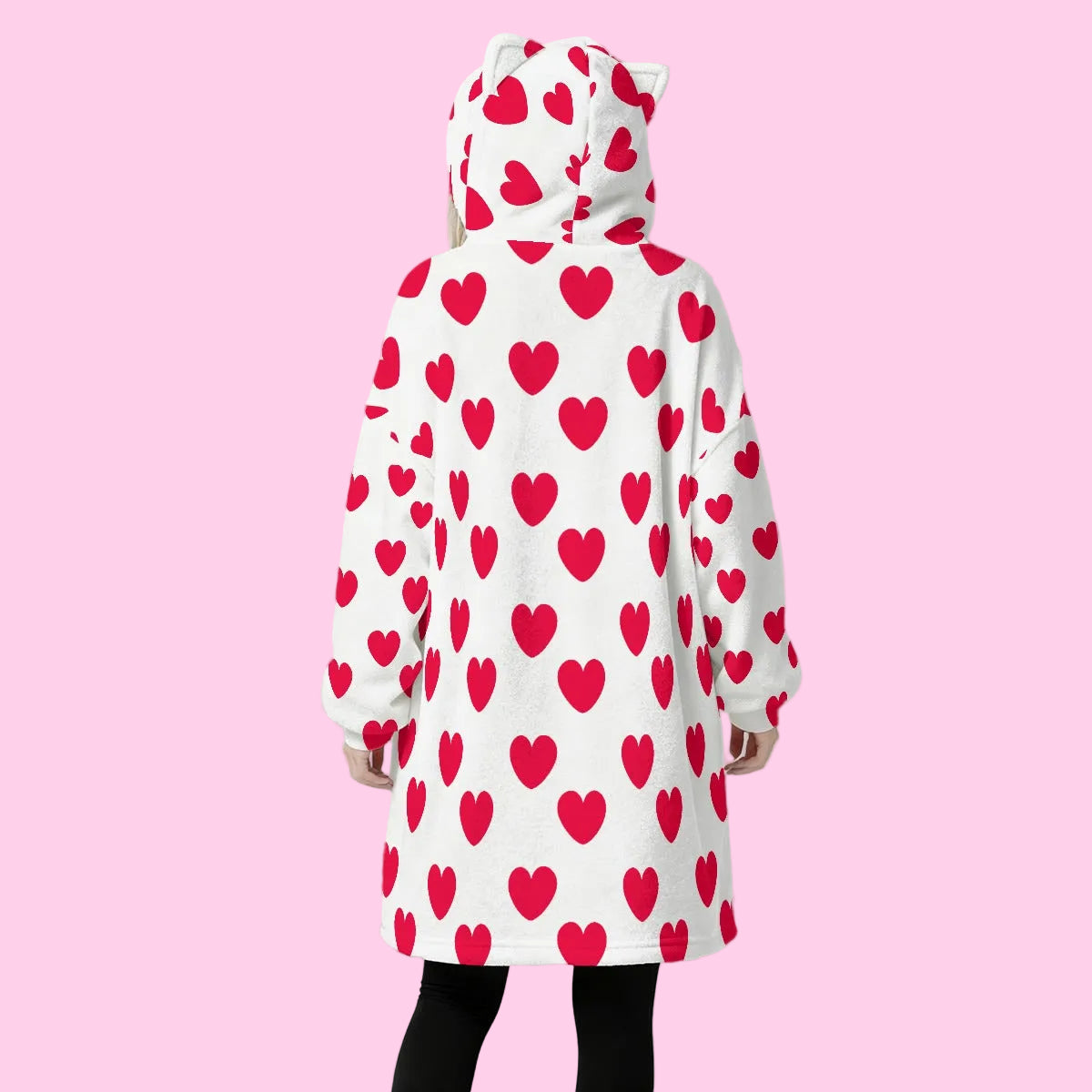 Sweet Love Hearts Cozy Oversized Fleece Blanket Hoodie With Cute Ears (Red x White)
