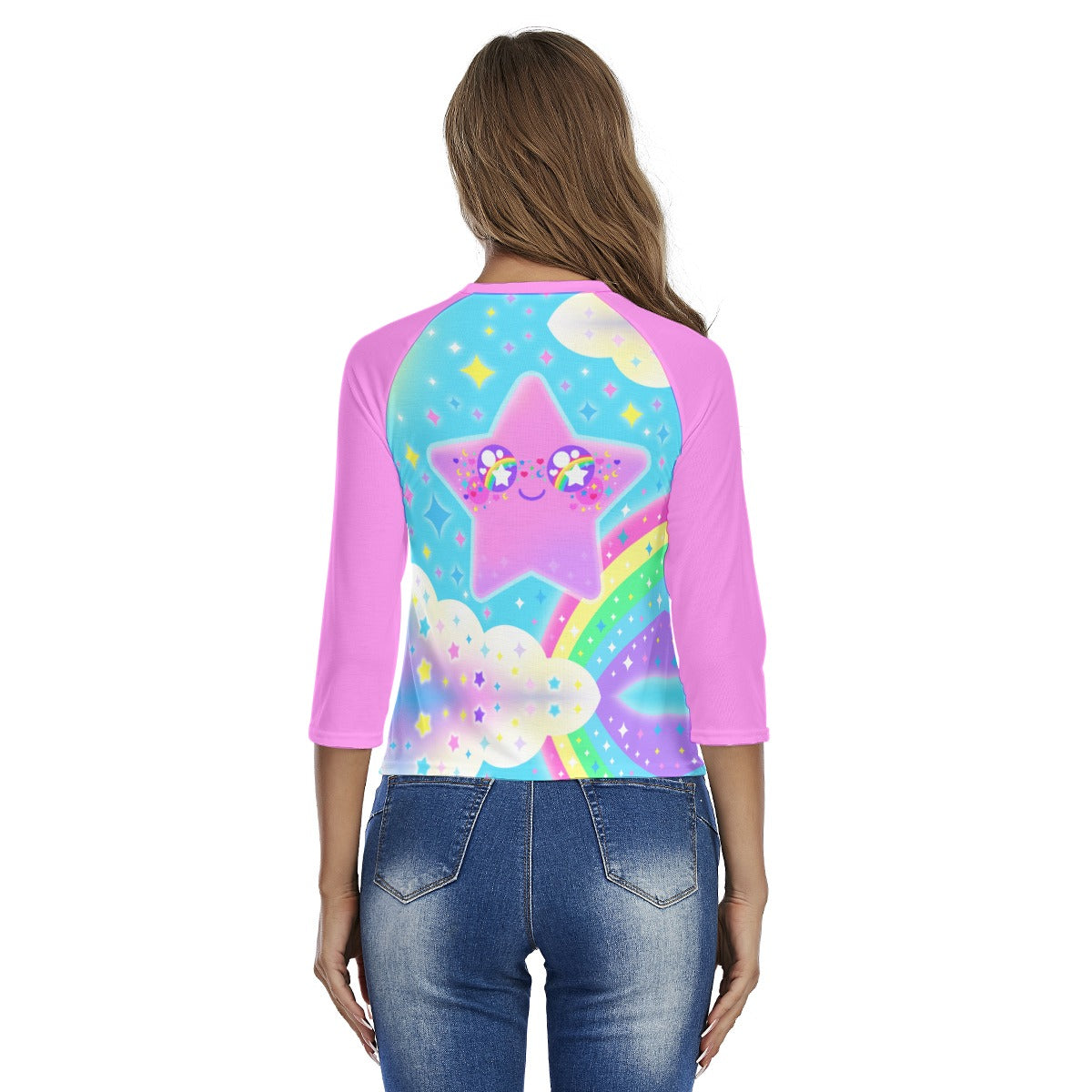 Rainbow Decora Star Women's Raglan 3/4 Sleeve T-shirt (Pink)