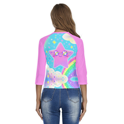 Rainbow Decora Star Women's Raglan 3/4 Sleeve T-shirt (Pink)