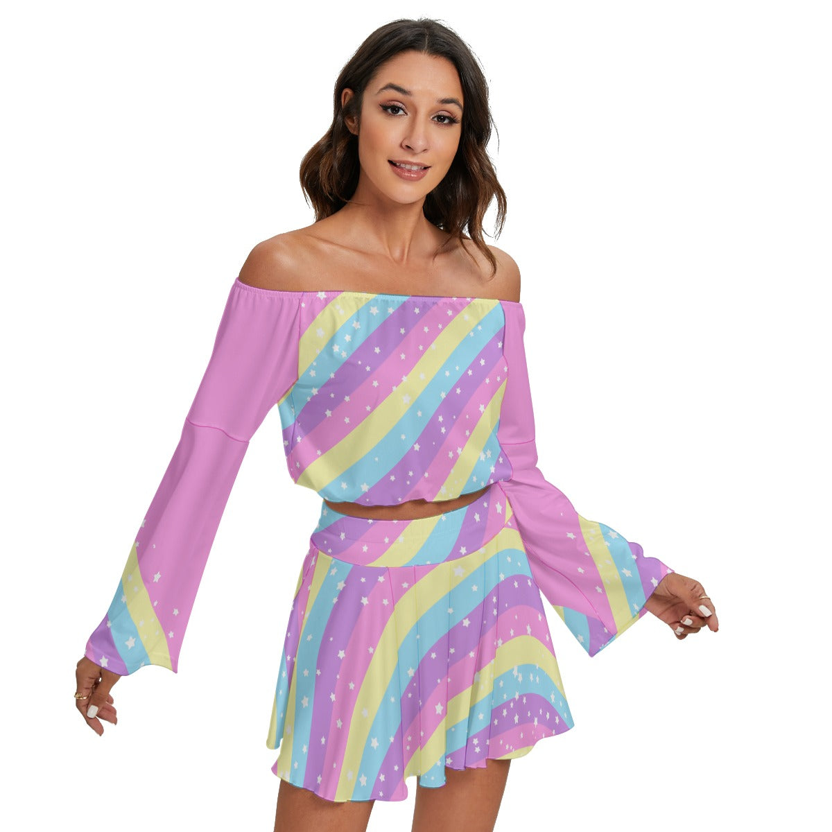 Starry Party Rainbow Women's Off The Shoulder Crop Top Blouse And Mini Skirt Set (Pink)