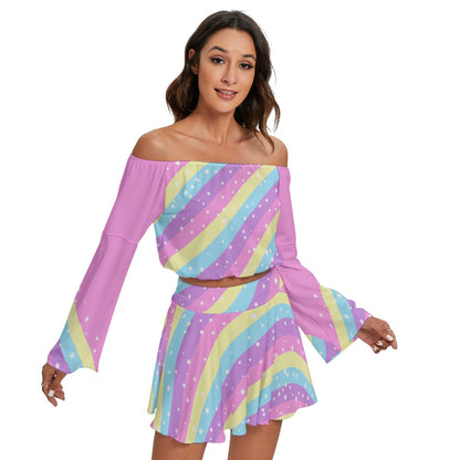 Starry Party Rainbow Women's Off The Shoulder Crop Top Blouse And Mini Skirt Set (Pink)