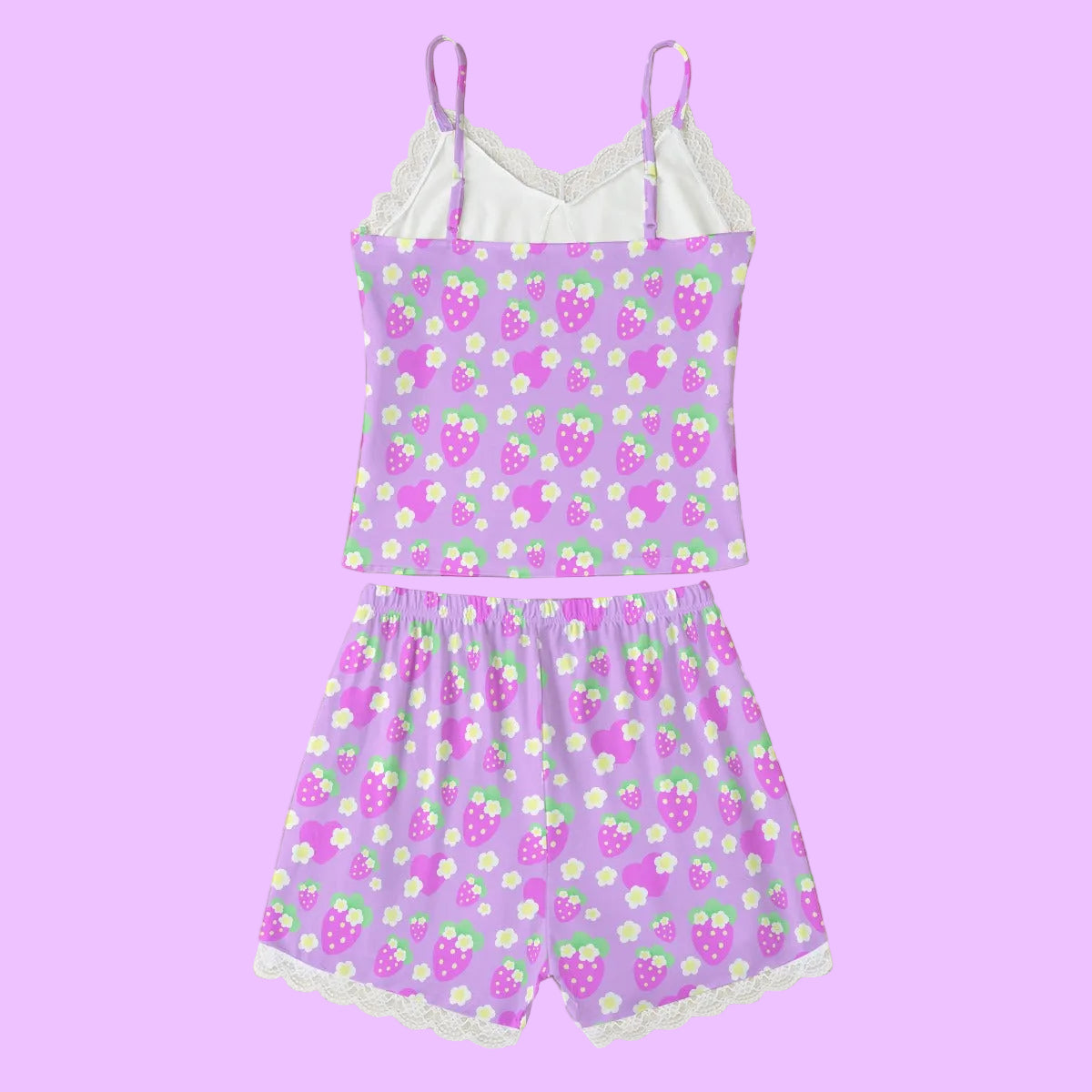 Strawberry Cutie Women's Cami & Shorts Lounge Wear Pajama Set With Lace Trim (Fruity Berry Purple)