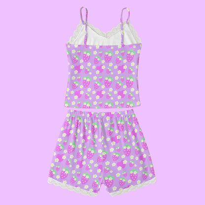 Strawberry Cutie Women's Cami & Shorts Lounge Wear Pajama Set With Lace Trim (Fruity Berry Purple)