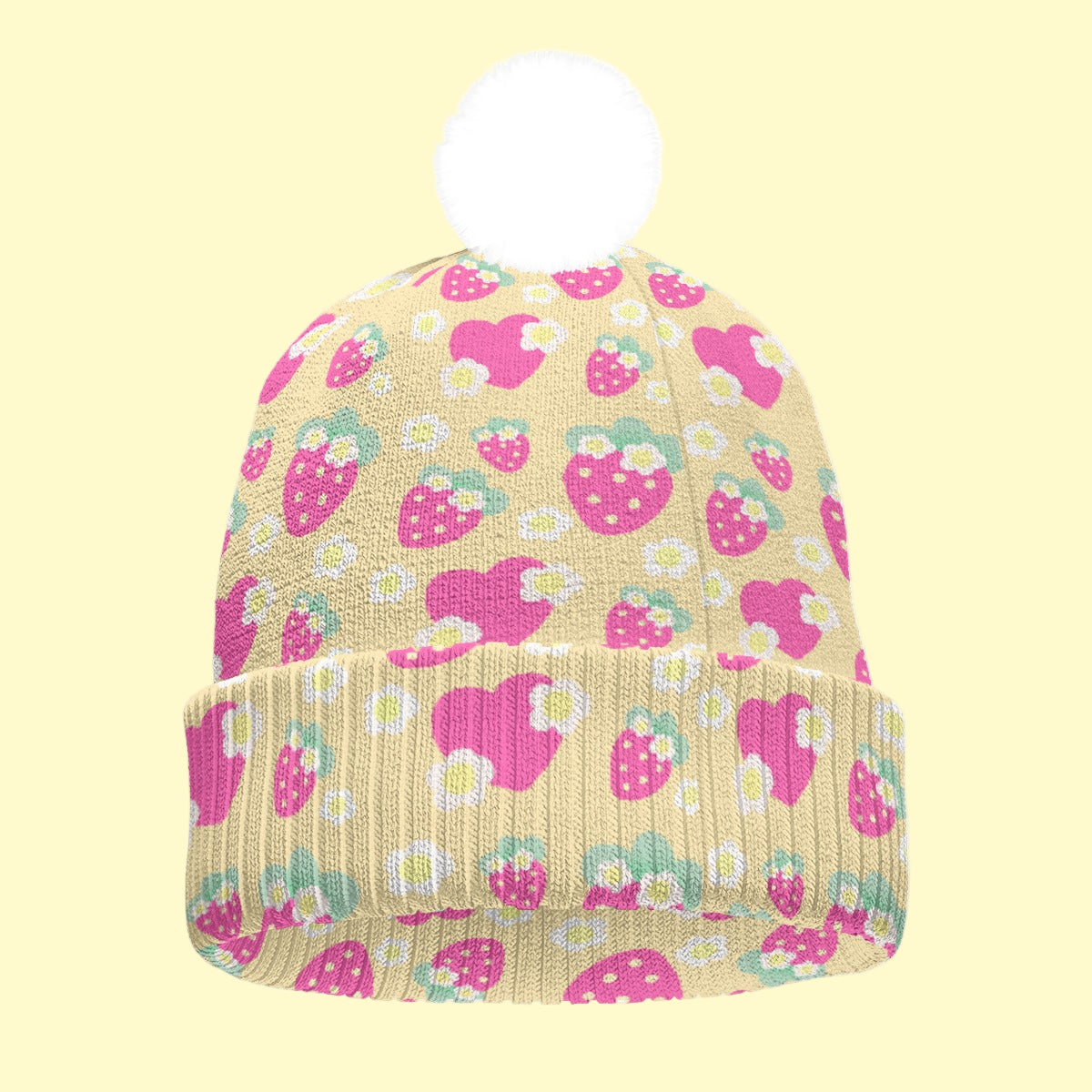 Strawberry Cutie Knitted Beanie Hat With Pom-Pom (Fruity Berry Yellow)