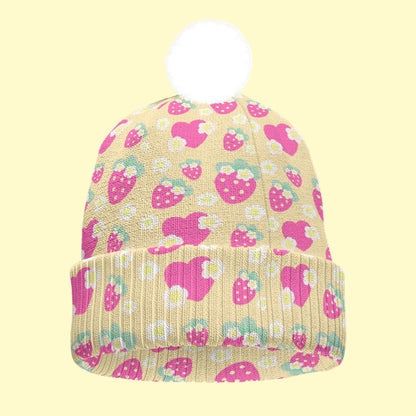 Strawberry Cutie Knitted Beanie Hat With Pom-Pom (Fruity Berry Yellow)