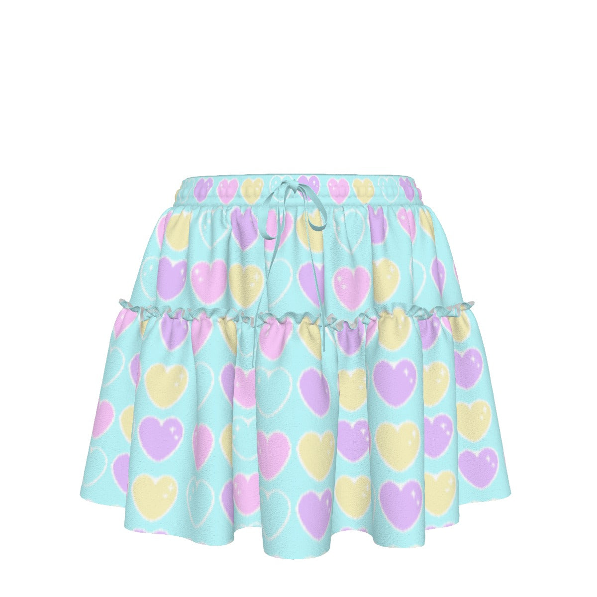 Sweet Love Hearts Blue Waist Tie Ruffle Mini Skirt