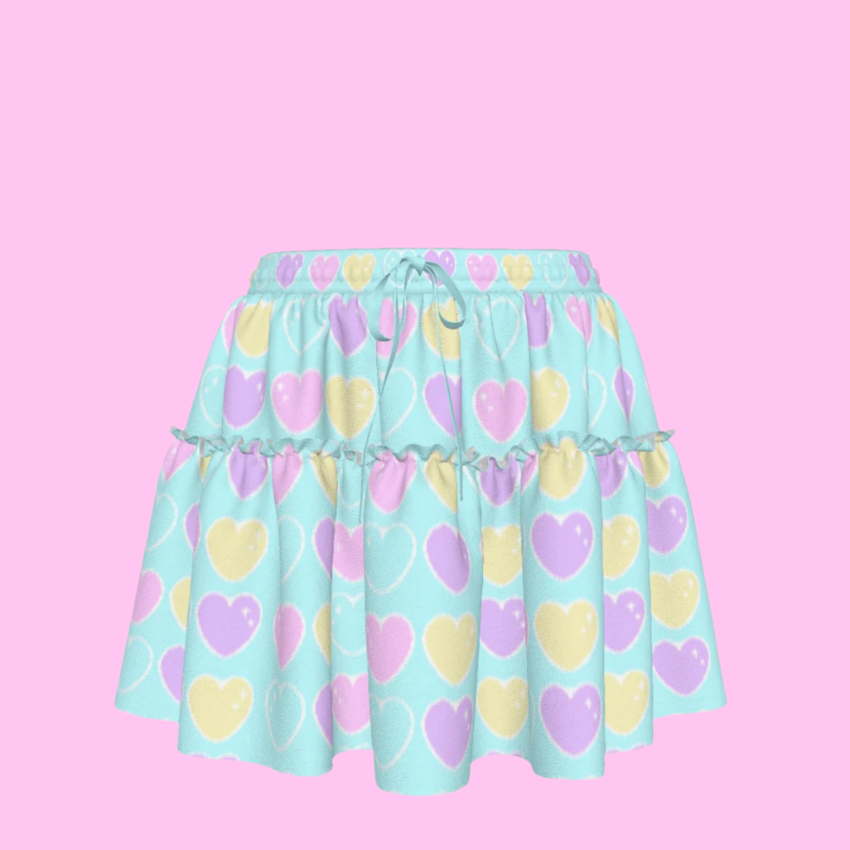 Sweet Love Hearts Blue Waist Tie Ruffle Mini Skirt