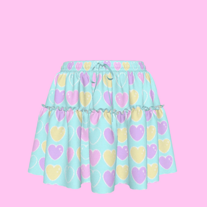 Sweet Love Hearts Blue Waist Tie Ruffle Mini Skirt