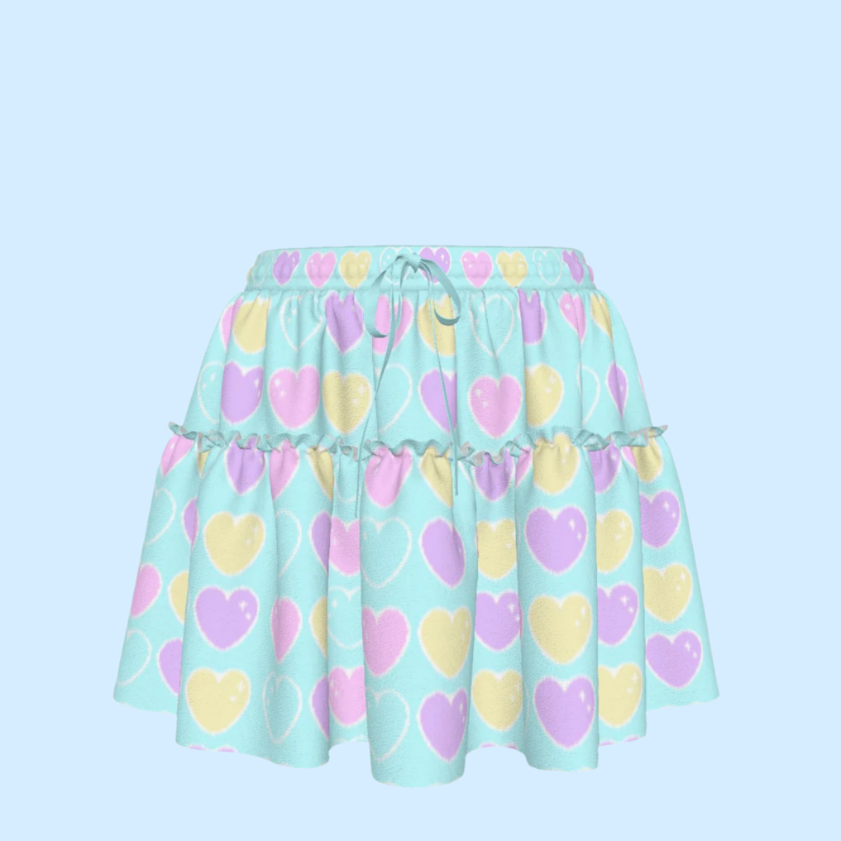 Sweet Love Hearts Blue Waist Tie Ruffle Mini Skirt