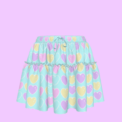 Sweet Love Hearts Blue Waist Tie Ruffle Mini Skirt