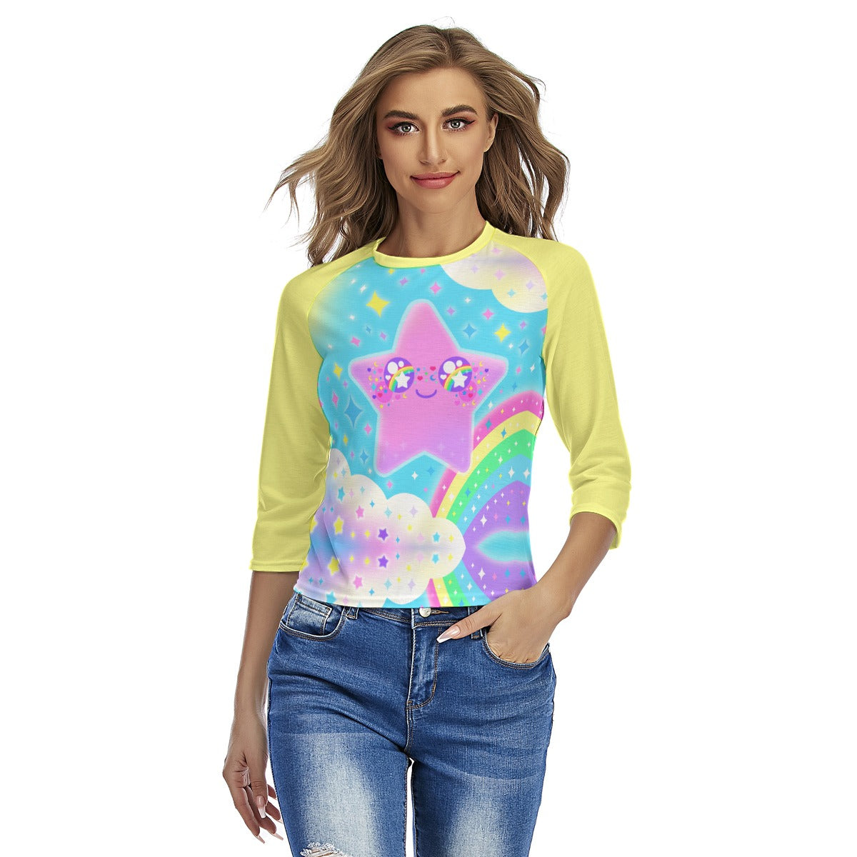 Rainbow Decora Star Women's Raglan 3/4 Sleeve T-shirt (Yellow)