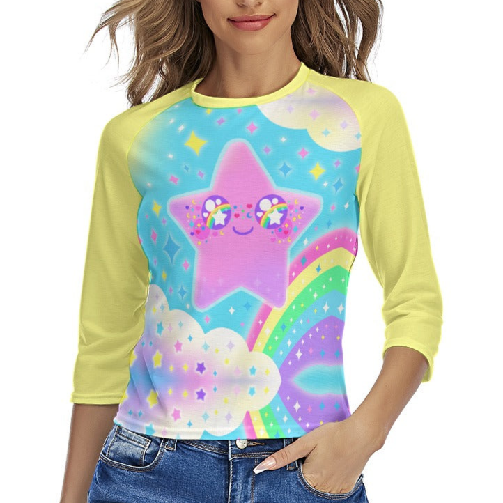 Rainbow Decora Star Women's Raglan 3/4 Sleeve T-shirt (Yellow)
