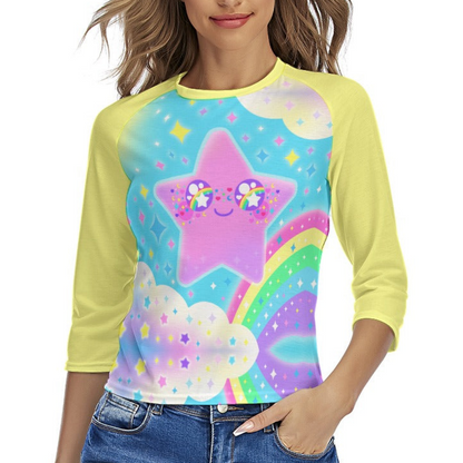 Rainbow Decora Star Women's Raglan 3/4 Sleeve T-shirt (Yellow)