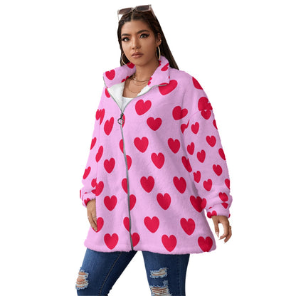 Sweet Love Hearts Oversized Fuzzy Fleece Coat With Zipper (Red x Pink)