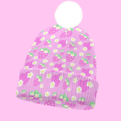Strawberry Cutie Knitted Beanie Hat With Pom-Pom (Fruity Berry Pink)