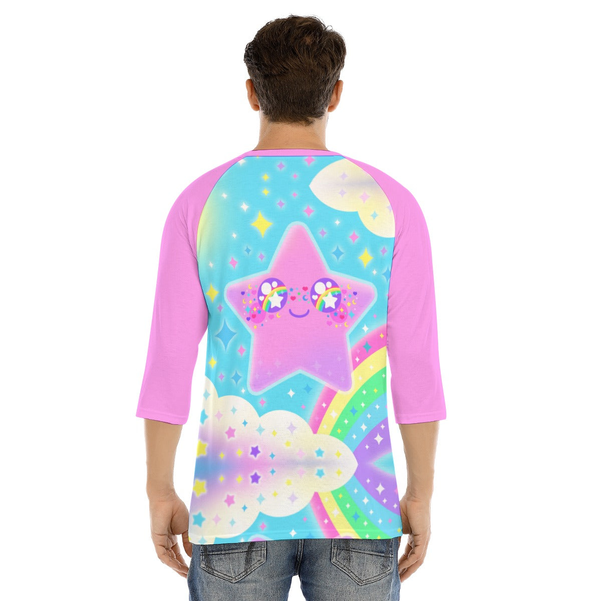 Rainbow Decora Star Unisex Raglan 3/4 Sleeve T-shirt (Pink)