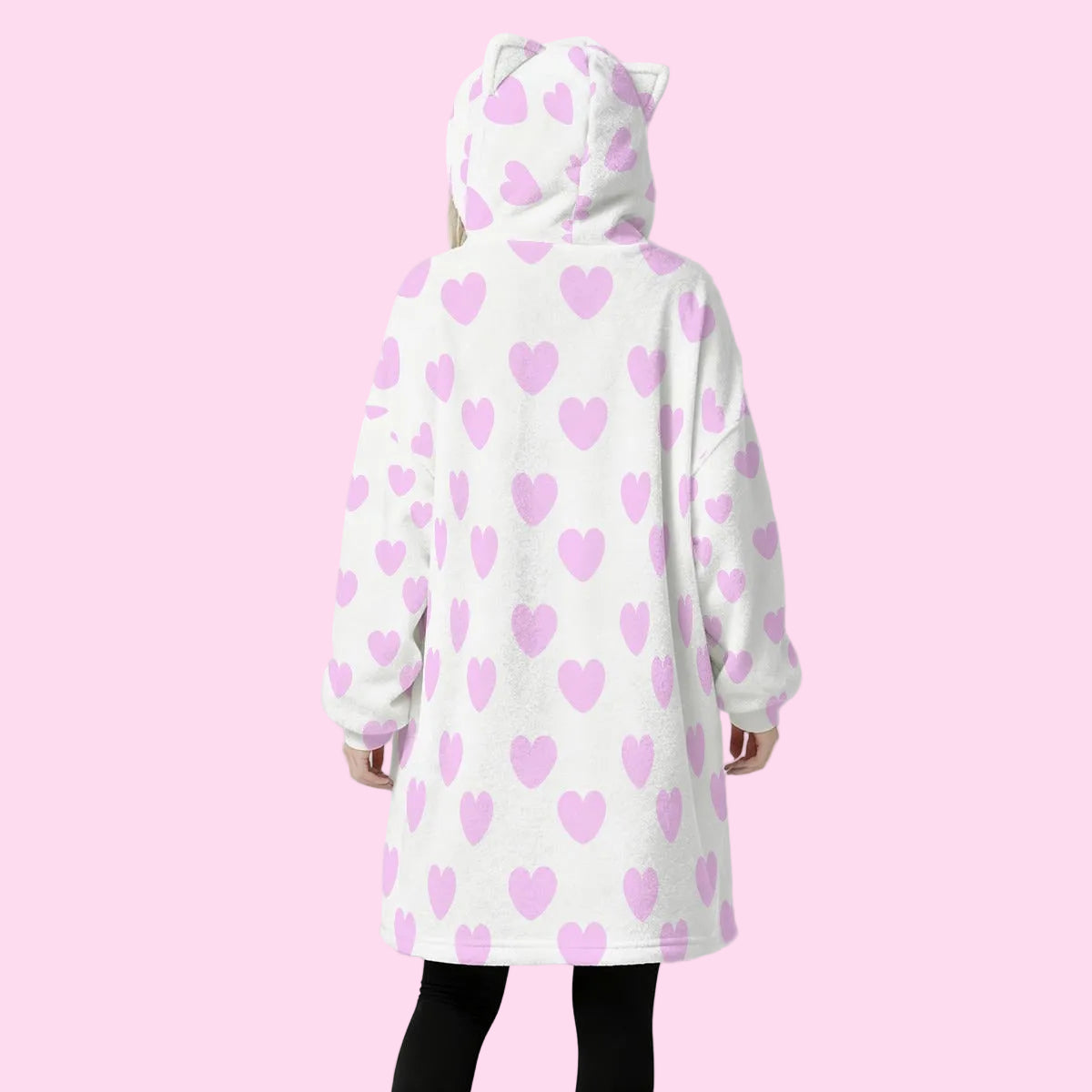 Sweet Love Hearts Cozy Oversized Fleece Blanket Hoodie With Cute Ears (Pink x White)