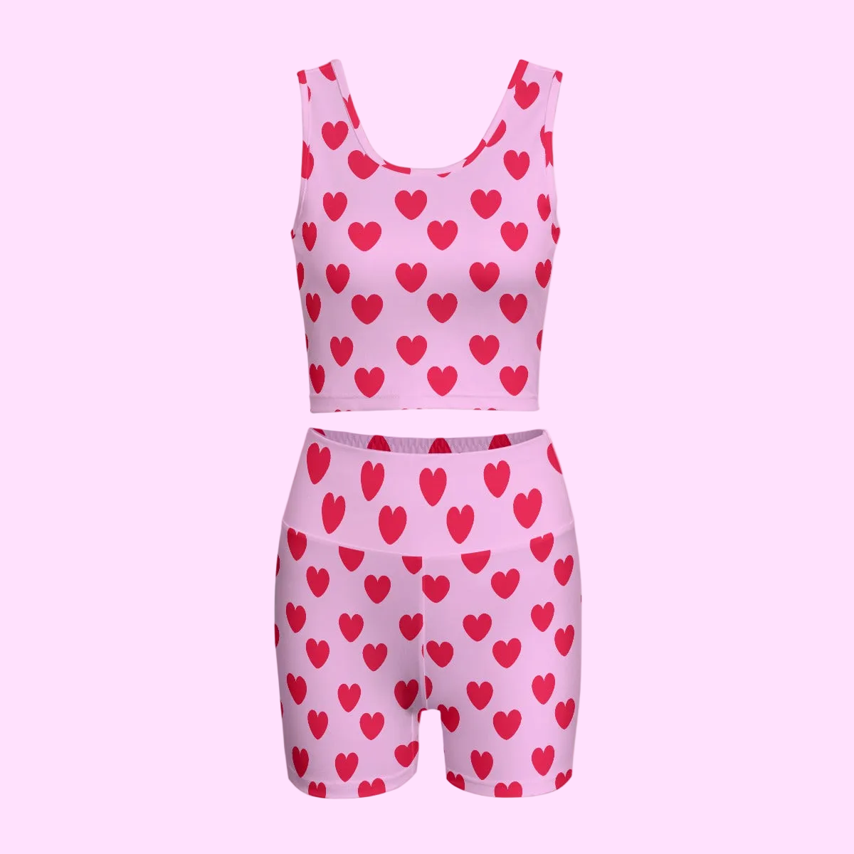 Sweet Love Hearts Women's Crop Top & Yoga Shorts Set (Red x Pink)