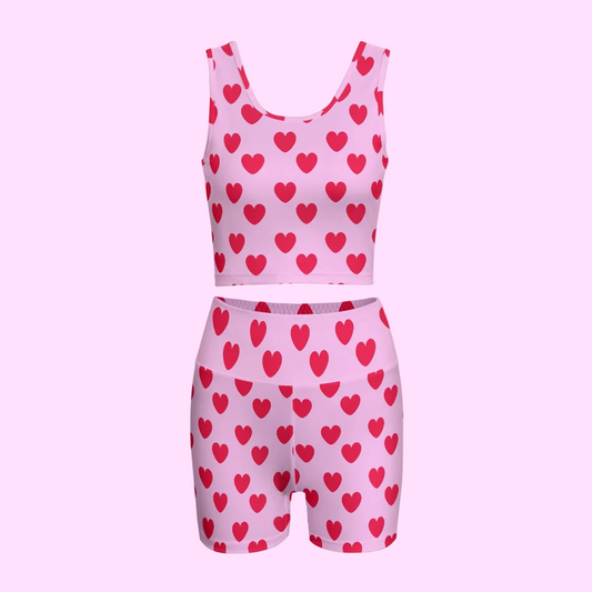 Sweet Love Hearts Women's Crop Top & Yoga Shorts Set (Red x Pink)
