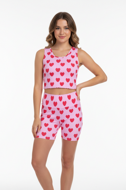 Sweet Love Hearts Women's Crop Top & Yoga Shorts Set (Red x Pink)