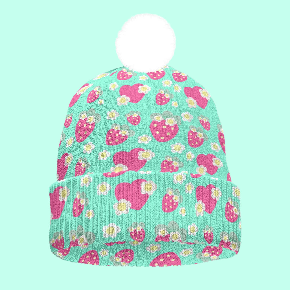 Strawberry Cutie Knitted Beanie Hat With Pom-Pom (Fruity Berry Mint)