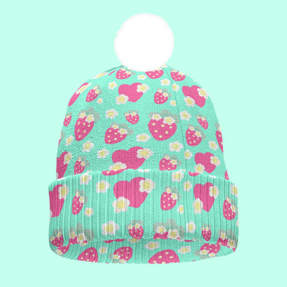 Strawberry Cutie Knitted Beanie Hat With Pom-Pom (Fruity Berry Mint)