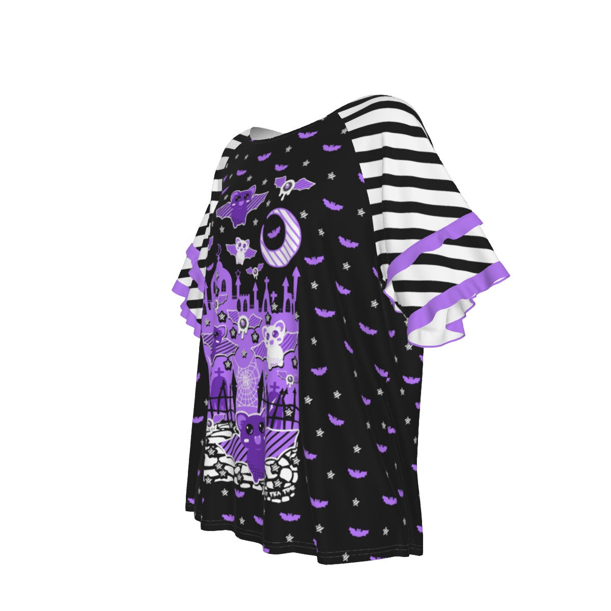 Spooky Bats Creepy Night Round Neck Raglan Sleeve Ruffle Frill T-Shirt