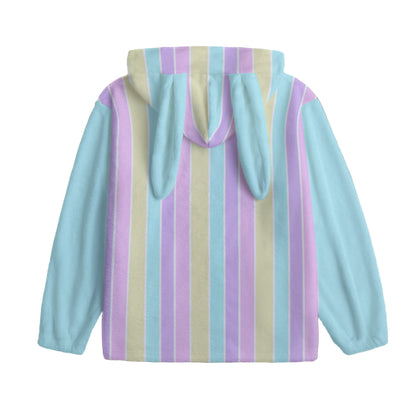 Pastel Stripes Blue Soft Plush Fleece Bunny Ear Zip Up Hoodie With Pockets