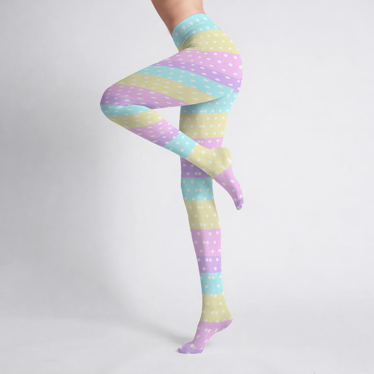 Cute Polka Dots Stretchy Tights (Pastel Rainbow Stripes Color Block)