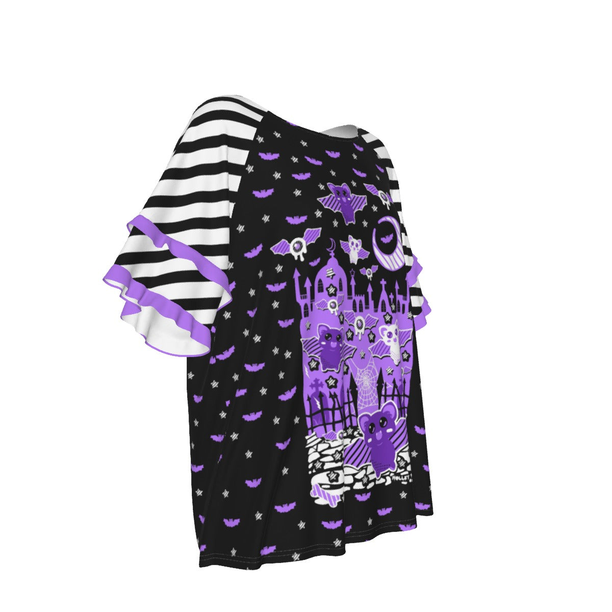 Spooky Bats Creepy Night Round Neck Raglan Sleeve Ruffle Frill T-Shirt