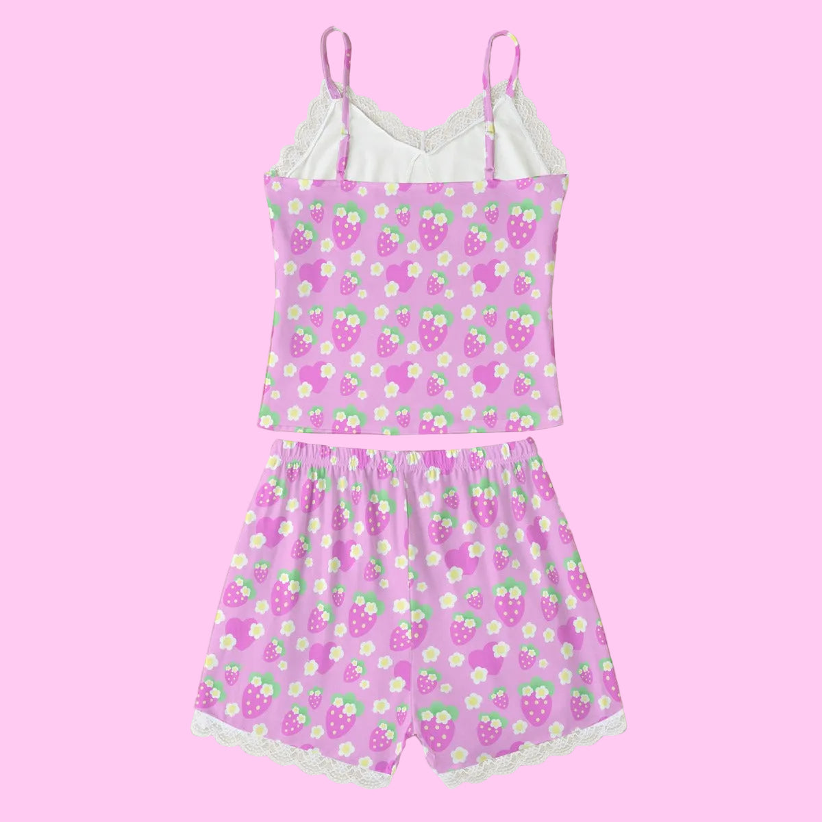 Strawberry Cutie Women's Cami & Shorts Lounge Wear Pajama Set With Lace Trim (Fruity Berry Pink)