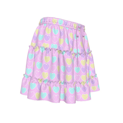Sweet Love Hearts Pink Waist Tie Tiered Ruffle Mini Skirt