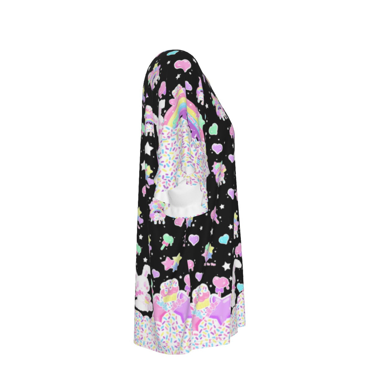 Rainbow Sweets Round Neck Raglan Sleeve Ruffle Frill T-Shirt (Black)