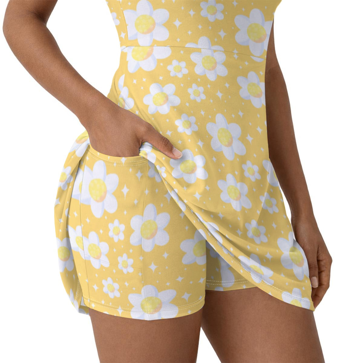 Daisy Dreams Sporty Women’s Square Neck Cap Sleeve Athletic Exercise Mini Dress With Shorts (Sunshine Yellow)