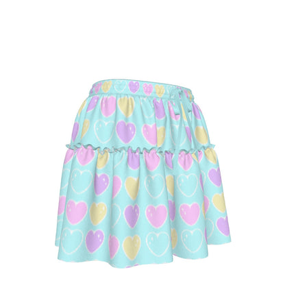 Sweet Love Hearts Blue Waist Tie Ruffle Mini Skirt