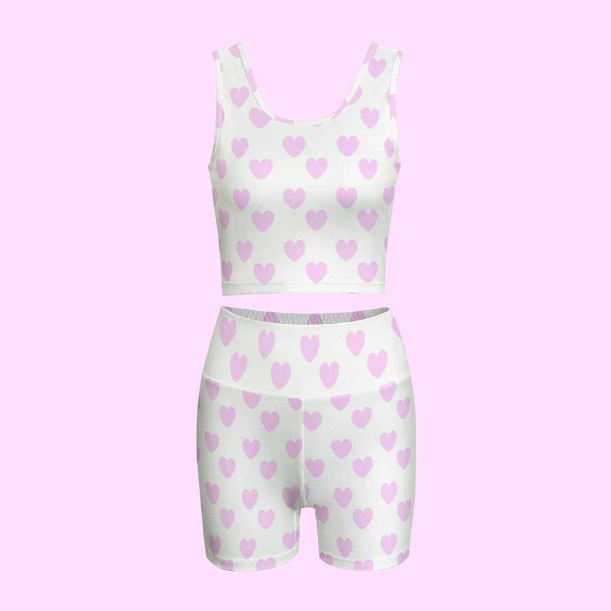 Sweet Love Hearts Women's Crop Top & Yoga Shorts Set (Pink x White)