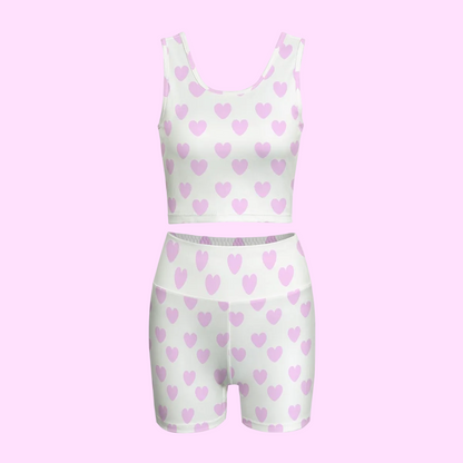 Sweet Love Hearts Women's Crop Top & Yoga Shorts Set (Pink x White)